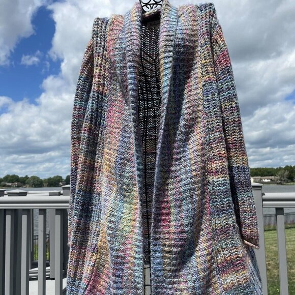 Indigo Rose Rainbow Cardigan Sweater Coat Channel Stitch Boyfriend Style Sz LG - Picture 1 of 8